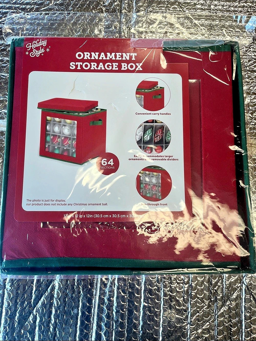 Holiday Style Ornament Storage Box 64 Sections Red & Green